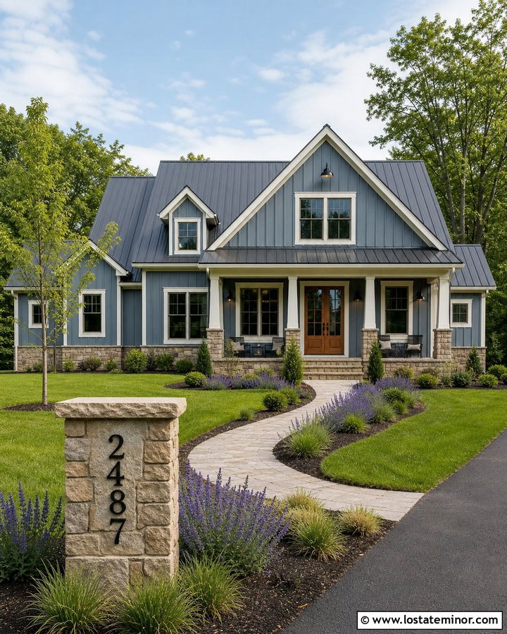 Slate Blue House With Address Sign By The Walkway - 30 Slate Blue House Design With House Numbers Ideas