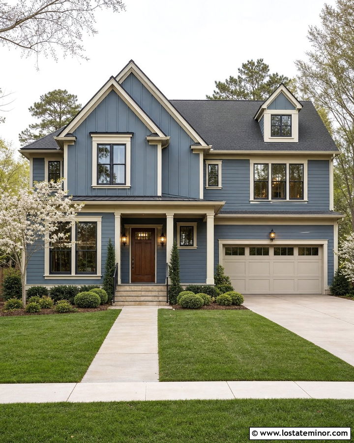Slate Blue House With Aged Brass Sconces - 30 Slate Blue House Design With Light Fixtures Ideas