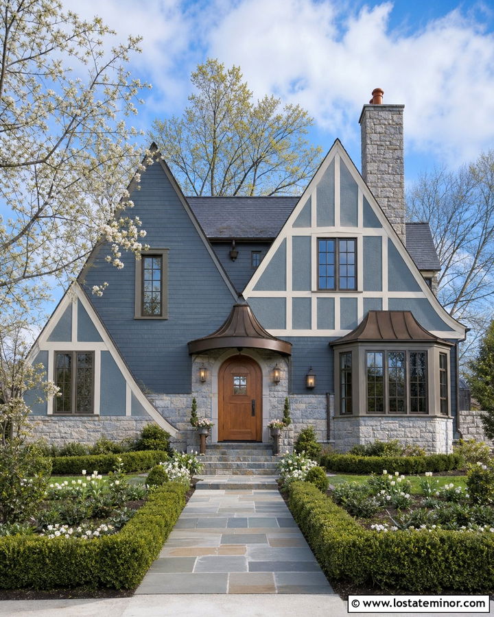 Slate Blue House With Arched Door Awning - 30 Slate Blue House Design With Awning Ideas