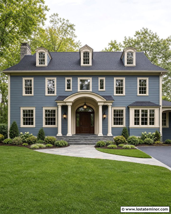 Slate Blue House With Arched Front Portico Columns - 30 Slate Blue House Design With Porch Columns Ideas
