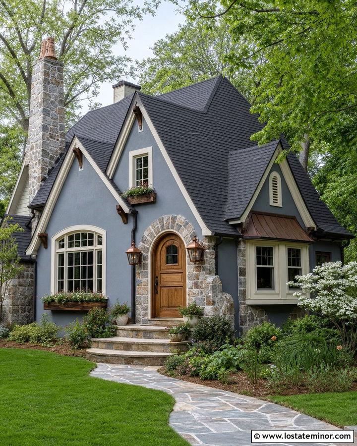 Slate Blue House With Arched Oak Front Door - 30 Slate Blue House Design With Entry Door Ideas