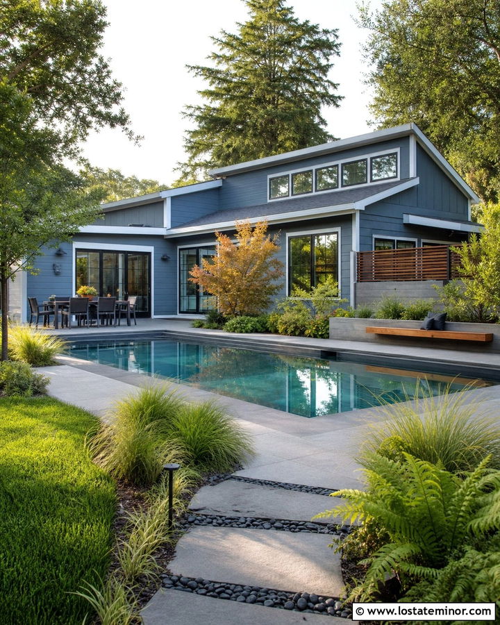 Slate Blue House With Backyard Water Feature - 30 Slate Blue House Design With Backyard Ideas