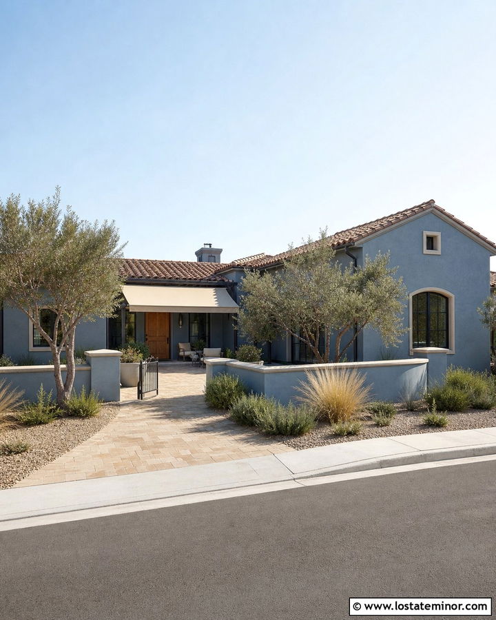 Slate Blue House With Beige Retractable Awning - 30 Slate Blue House Design With Awning Ideas