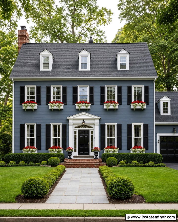 Slate Blue House With Black Door And White Window Boxes - 30 Slate Blue House Design With Window Boxes Ideas