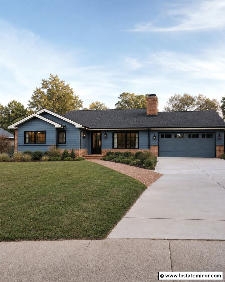 Slate Blue House With Black Frames And Brick Accents - 30 Slate Blue House Design With Window Frames Ideas
