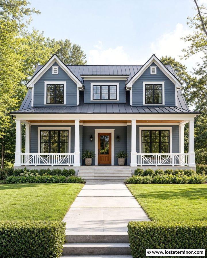 Slate Blue House With Black Frames And White Trim - 30 Slate Blue House Design With Window Frames Ideas