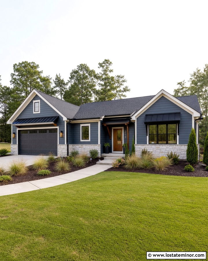 Slate Blue House With Black Metal Awnings - 30 Slate Blue House Design With Awning Ideas