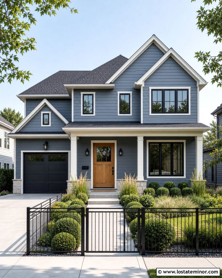 Slate Blue House With Black Metal Fence - 30 Slate Blue House Design With Fence Ideas