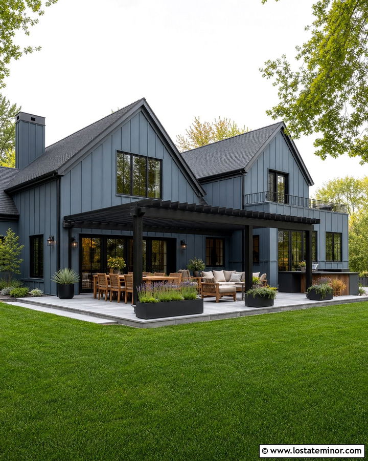 Slate Blue House With Black Pergola Backyard - 30 Slate Blue House Design With Backyard Ideas
