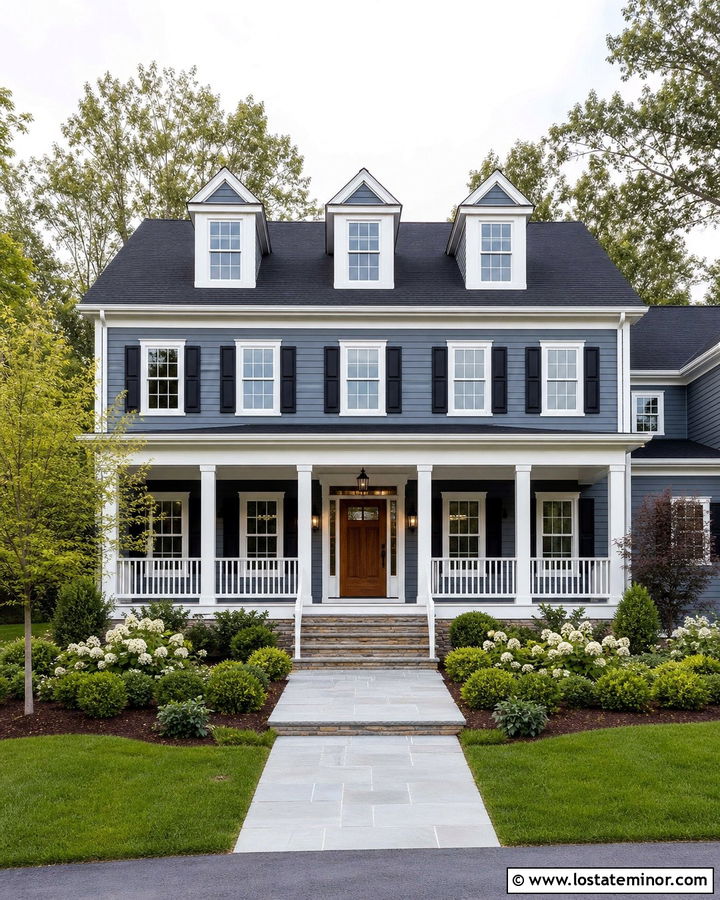 Slate Blue House With Black Roof And White Columns - 30 Slate Blue House Design With Porch Columns Ideas