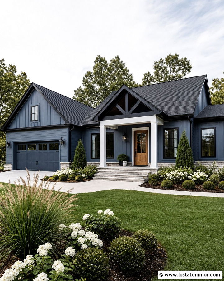 Slate Blue House With Black Roof Portico - 30 Slate Blue House Design With Portico Ideas
