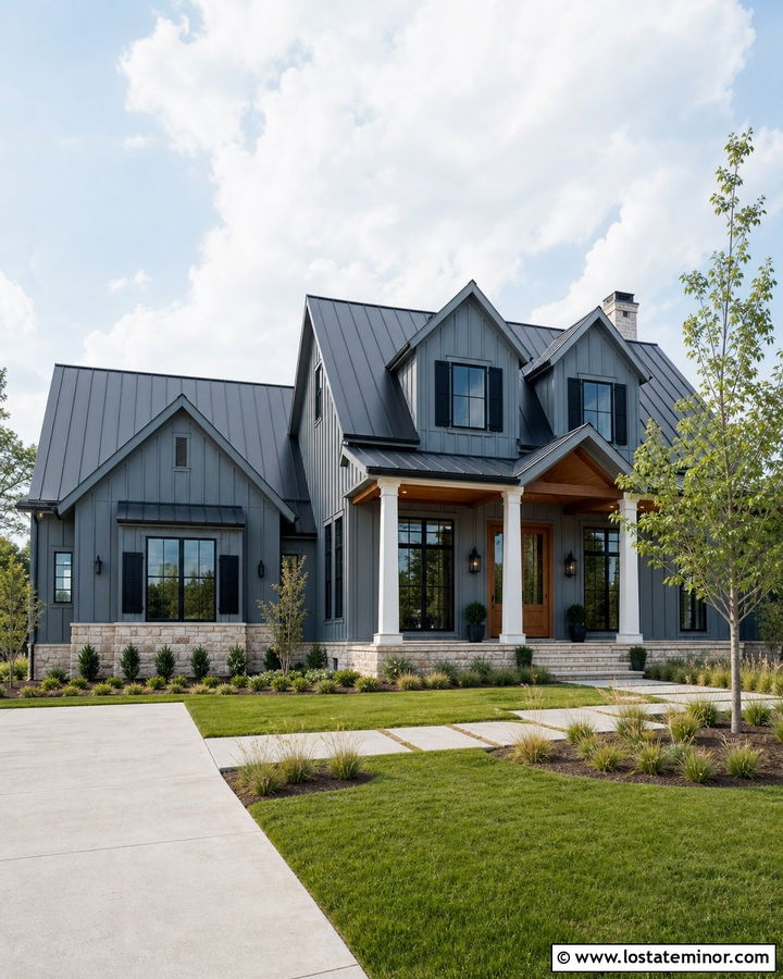 Slate Blue House With Black Shutters And Metal Roof - 30 Slate Blue House Design With Shutters Ideas
