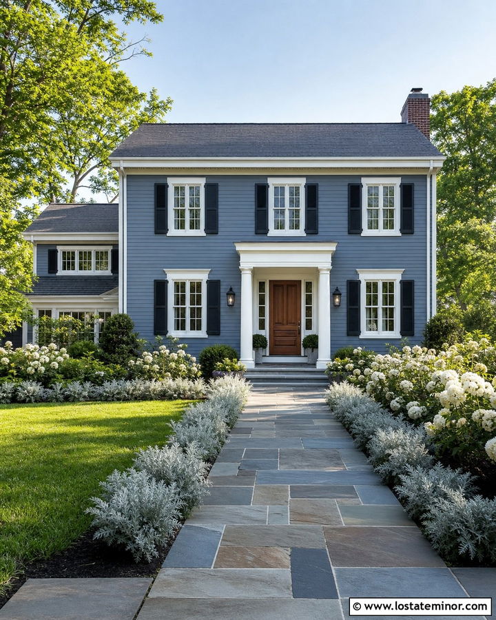 Slate Blue House With Black Shutters And Slate Walkway - 30 Slate Blue House Design With Walkway Ideas