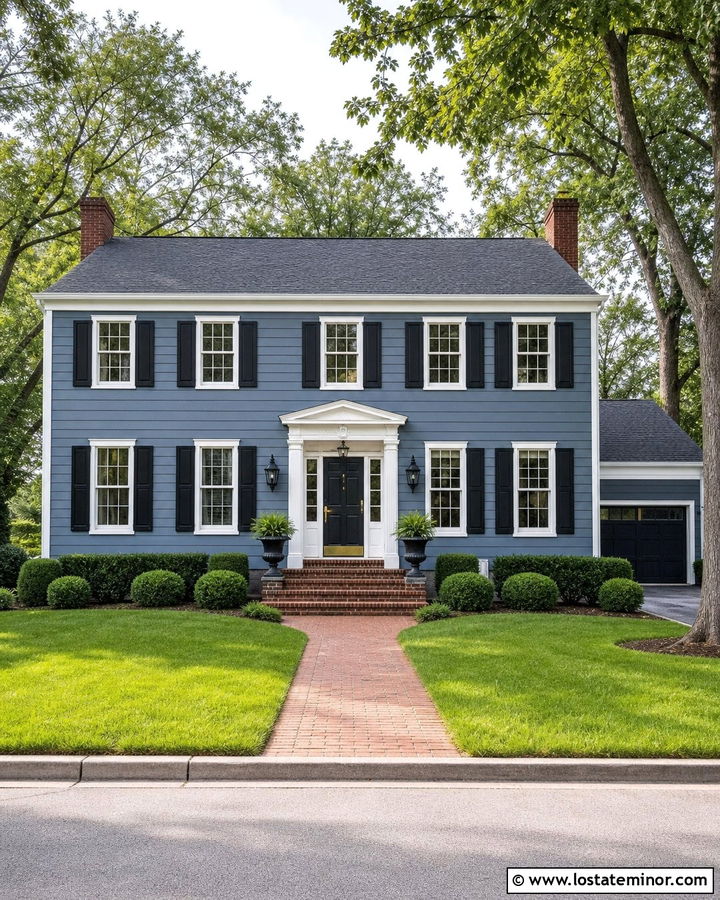 Slate Blue House With Black Shutters And White Entry - 30 Slate Blue House Design With Accents Ideas