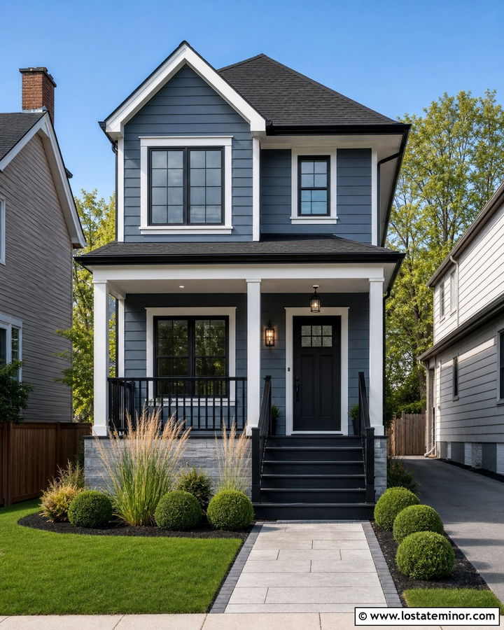 Slate Blue House With Black Steps And Railings - 30 Slate Blue House Design With Steps Ideas