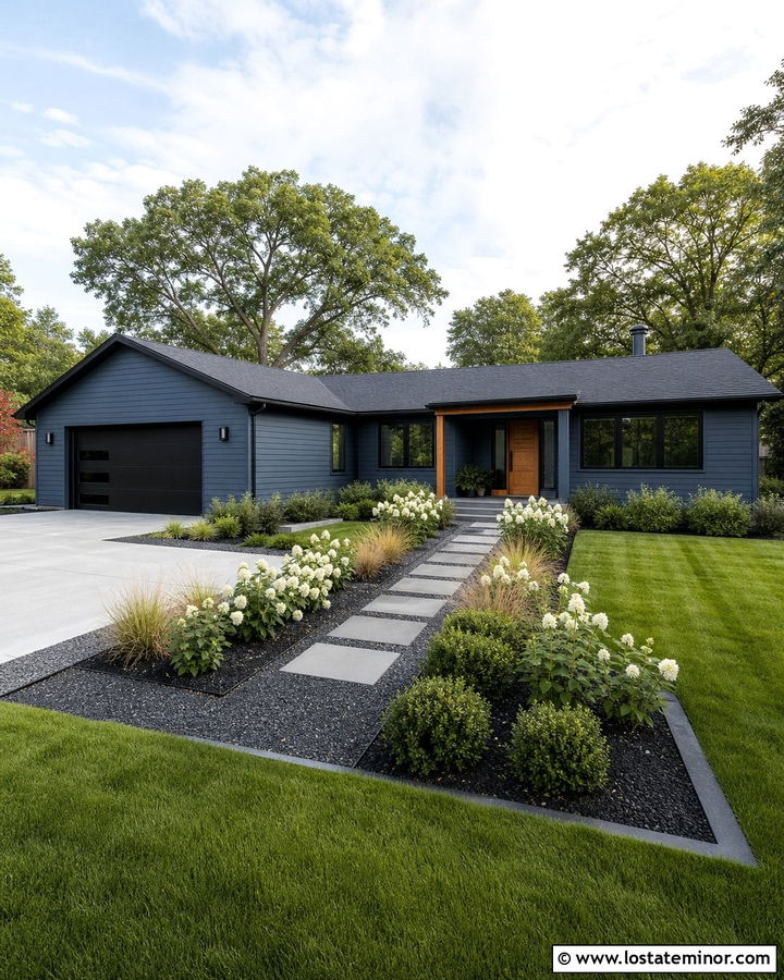 Slate Blue House With Black Trim And Gravel Walkway - 30 Slate Blue House Design With Walkway Ideas