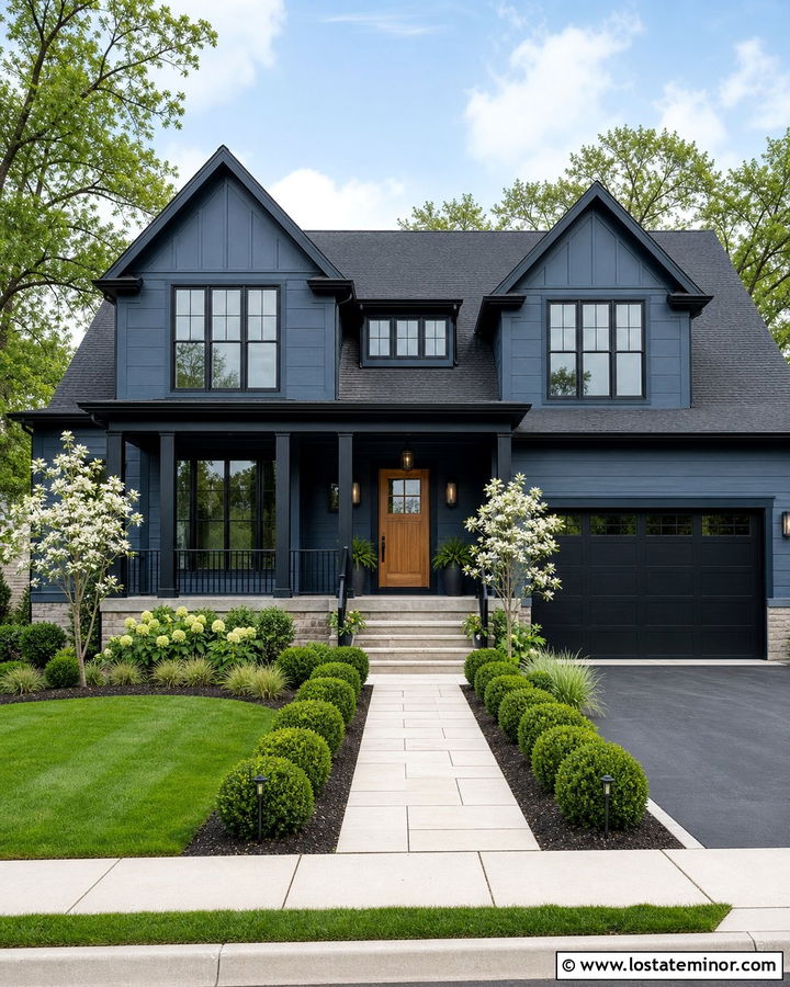 Slate Blue House With Black Trim And Green Landscaping - 30 Slate Blue House Design With Landscaping Ideas