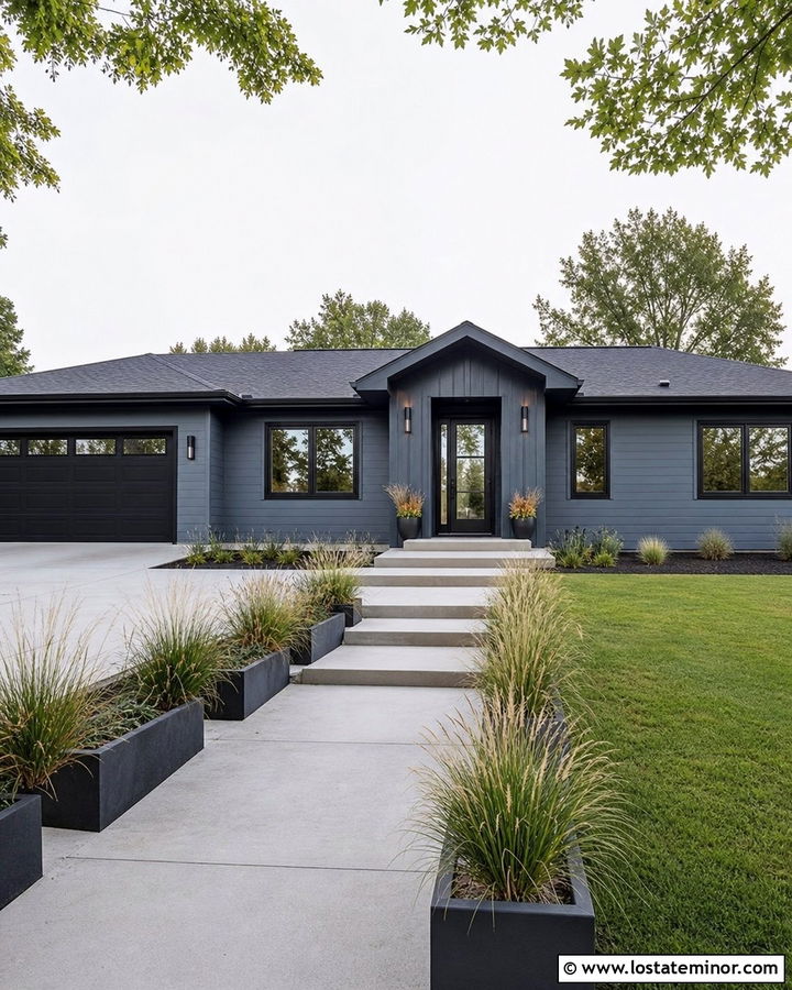 Slate Blue House With Black Trim And Modern Lighting - 30 Slate Blue House Design With Lighting Ideas