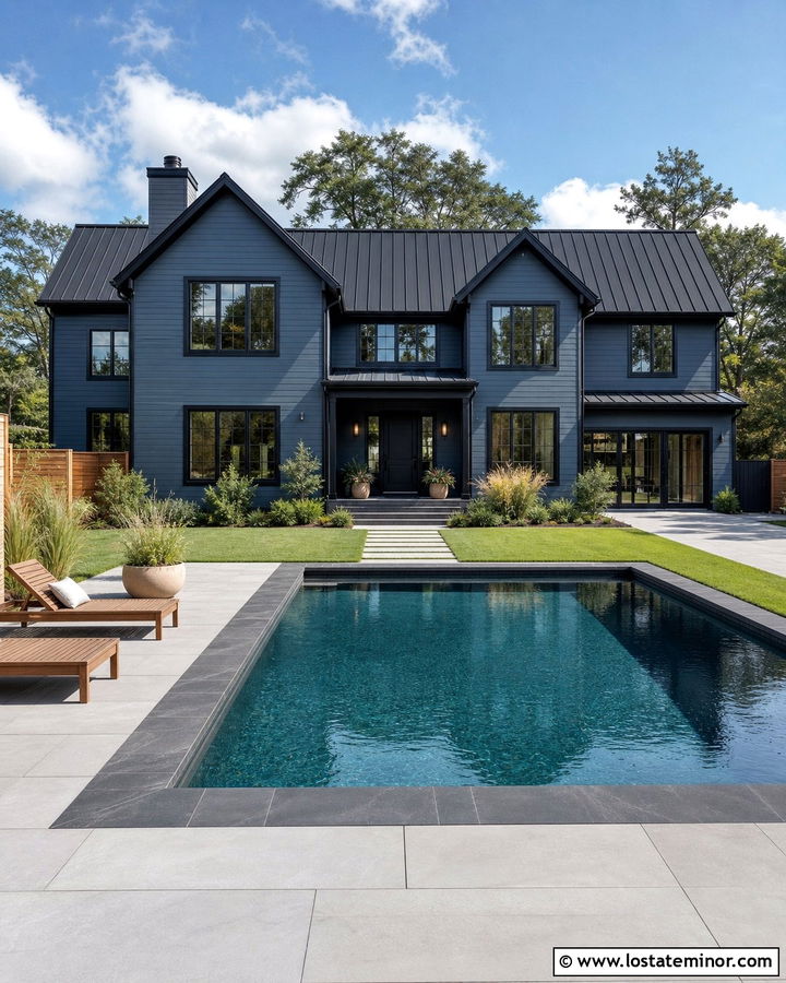 Slate Blue House With Black Trim And Pool - 30 Slate Blue House Design With Swimming Pool Ideas