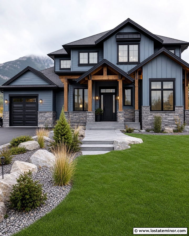 Slate Blue House With Black Trim And Stone - 30 Slate Blue House Design With Accents Ideas
