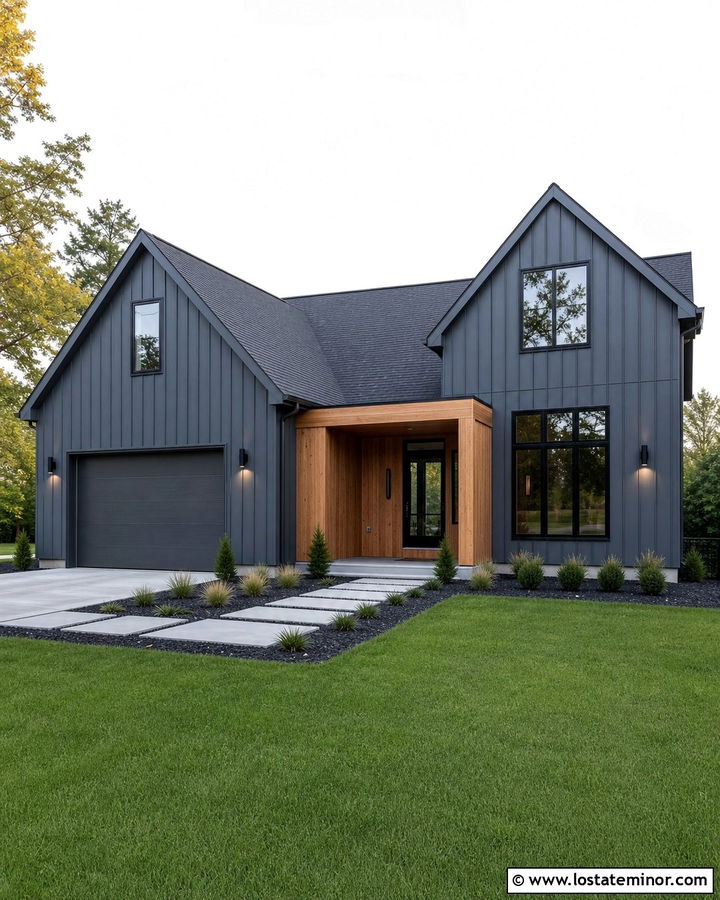 Slate Blue House With Black Up And Down Lights - 30 Slate Blue House Design With Light Fixtures Ideas