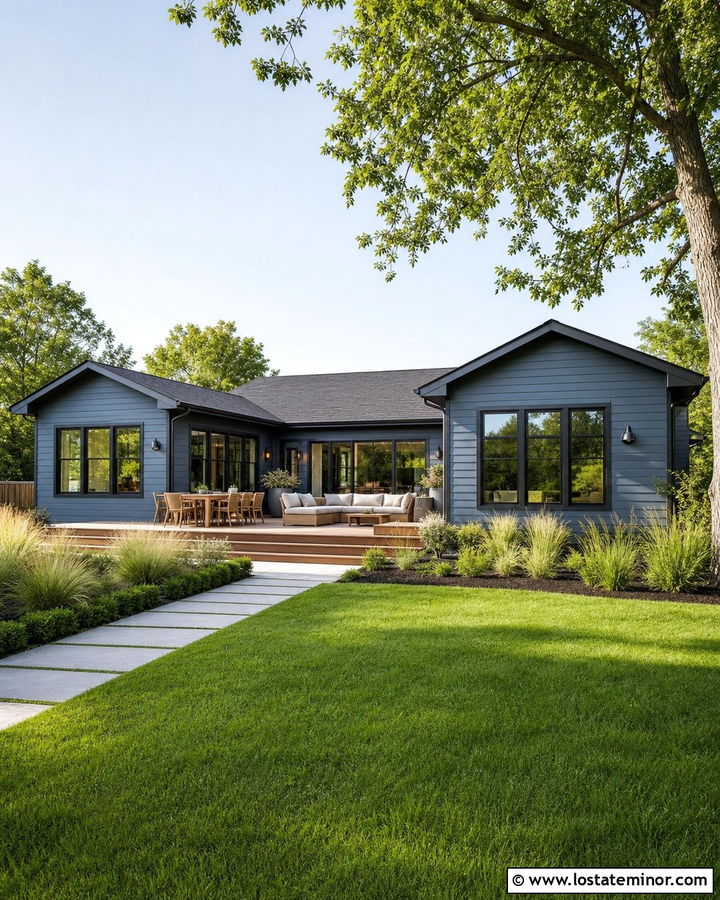 Slate Blue House With Black Window Backyard - 30 Slate Blue House Design With Backyard Ideas