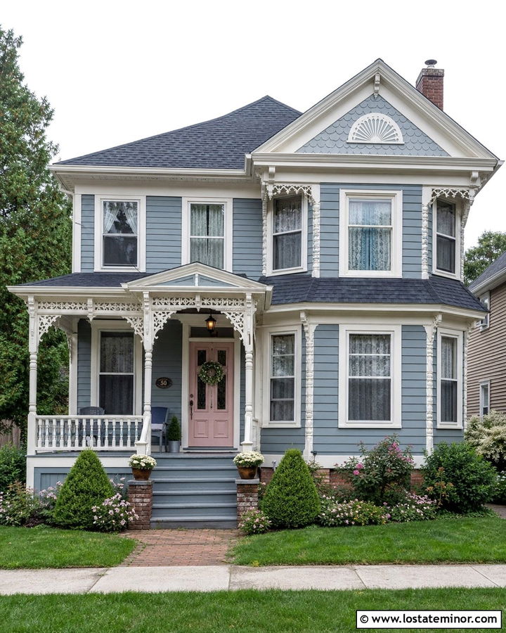 Slate Blue House With Blush Pink Front Door - 30 Slate Blue House Design With Entry Door Ideas