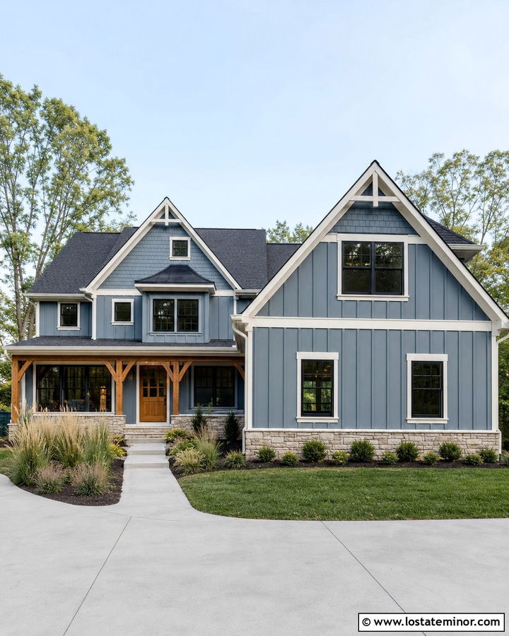 Slate Blue House With Board And Batten And Shingle Gables - 30 Slate Blue House Design With Shingles Ideas