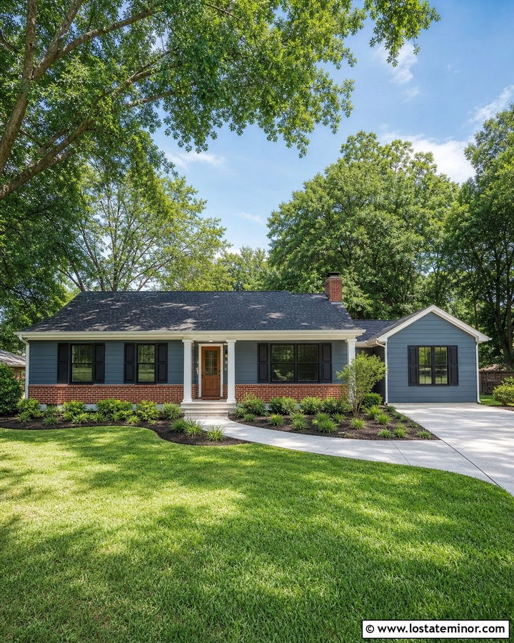 Slate Blue House With Brick And Black Shutters - 30 Slate Blue House Design With Shutters Ideas