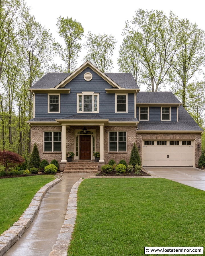 Slate Blue House With Brick And Gray Shingles - 30 Slate Blue House Design With Shingles Ideas
