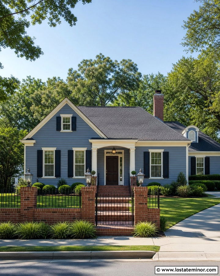 Slate Blue House With Brick And Iron Fence - 30 Slate Blue House Design With Fence Ideas