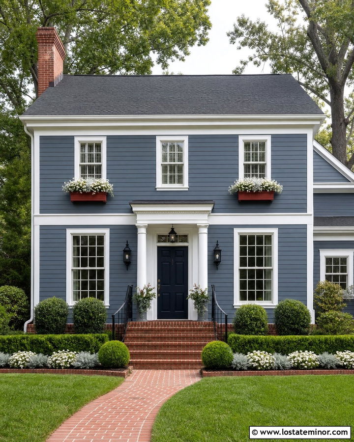Slate Blue House With Brick And Red Window Boxes - 30 Slate Blue House Design With Window Boxes Ideas