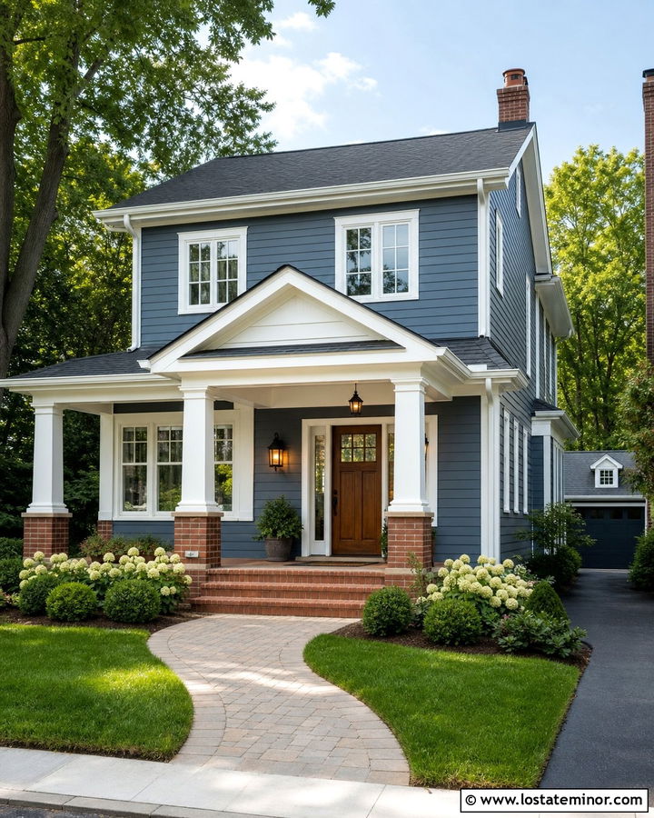 Slate Blue House With Brick And White Portico - 30 Slate Blue House Design With Portico Ideas