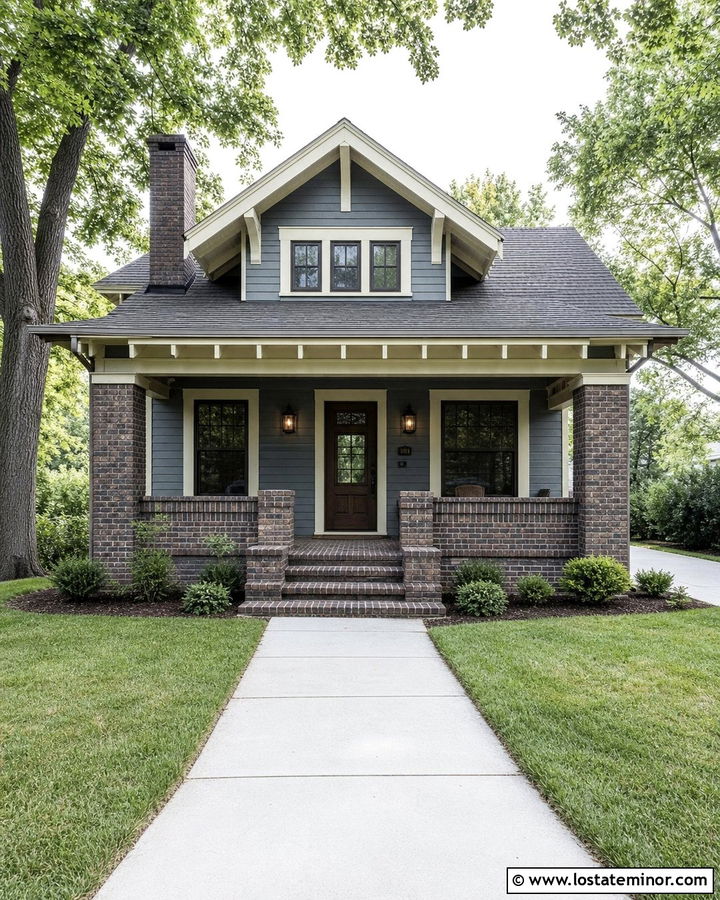 Slate Blue House With Brick Columns And Porch - 30 Slate Blue House Design With Front Porch Ideas