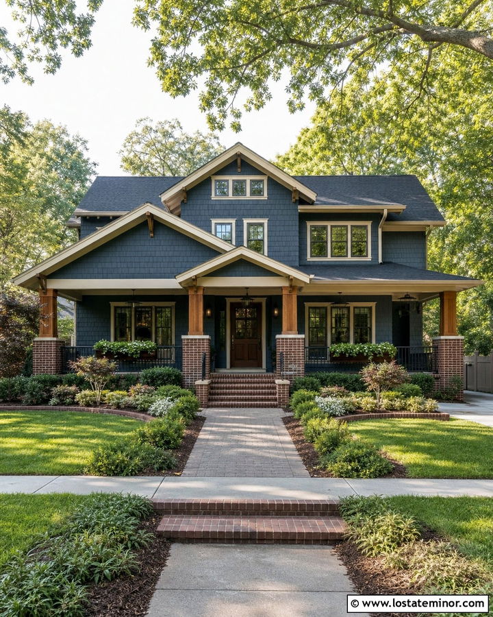 Slate Blue House With Brick Columns - 30 Slate Blue House Design With Brick Accents Ideas