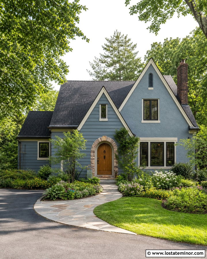 Slate Blue House With Brick Entry Arch - 30 Slate Blue House Design With Brick Accents Ideas