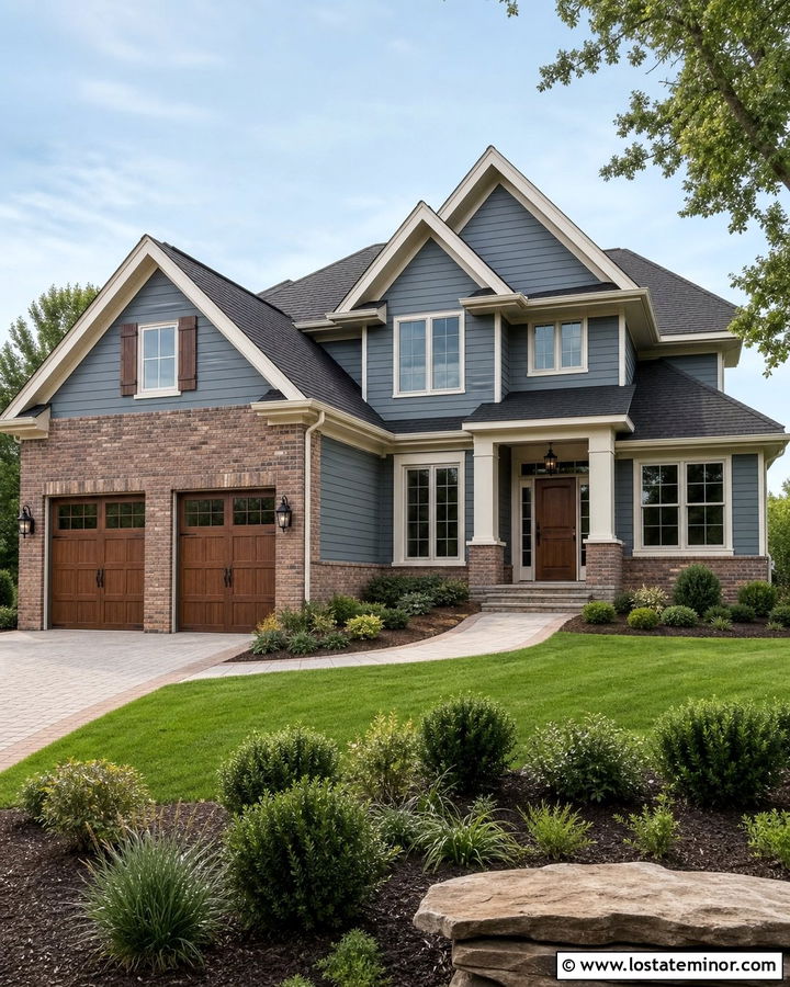 Slate Blue House With Brick Garage - 30 Slate Blue House Design With Brick Accents Ideas