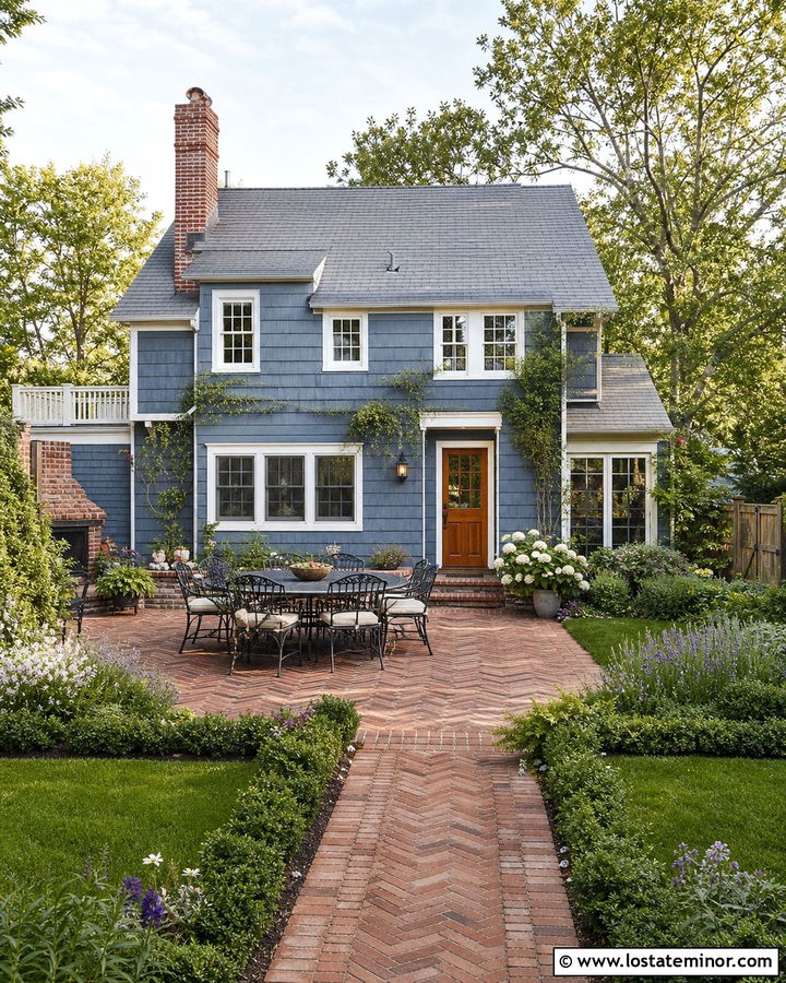 Slate Blue House With Brick Patio Backyard - 30 Slate Blue House Design With Backyard Ideas