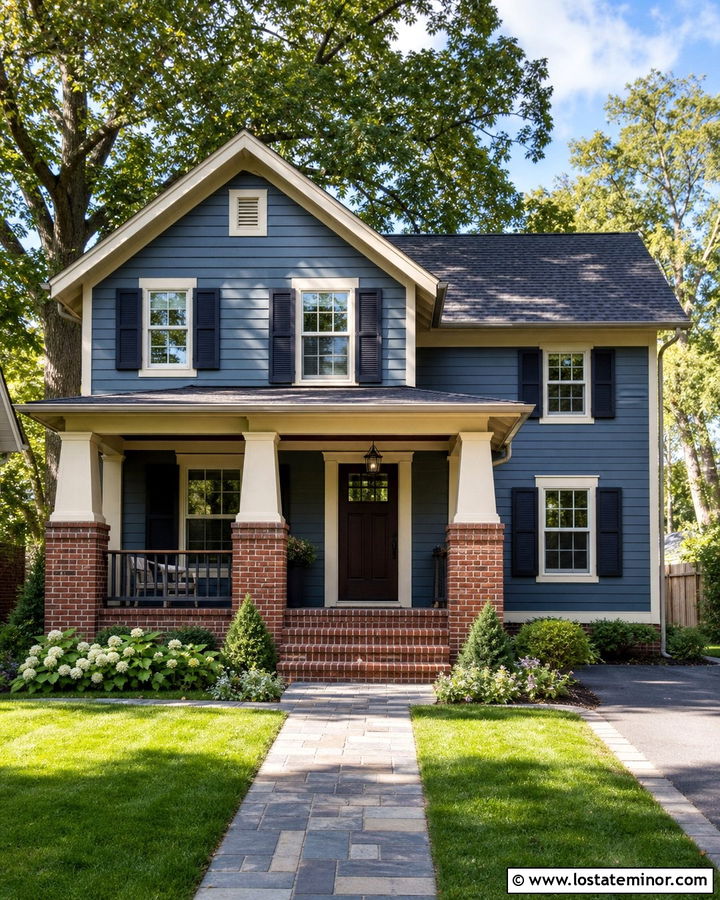 Slate Blue House With Brick Porch And Columns - 30 Slate Blue House Design With Porch Columns Ideas