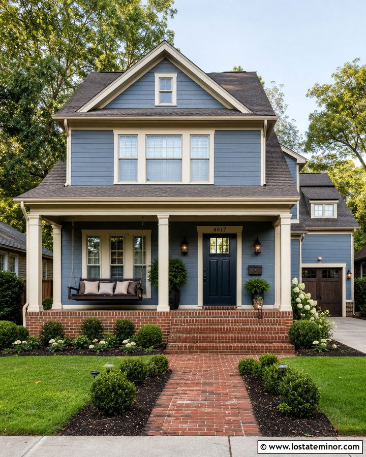 Slate Blue House With Brick Porch And Swing - 30 Slate Blue House Design With Swing Ideas