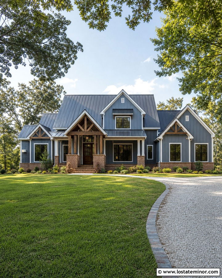 Slate Blue House With Brick and Metal Roof - 30 Slate Blue House Design With Brick Accents Ideas