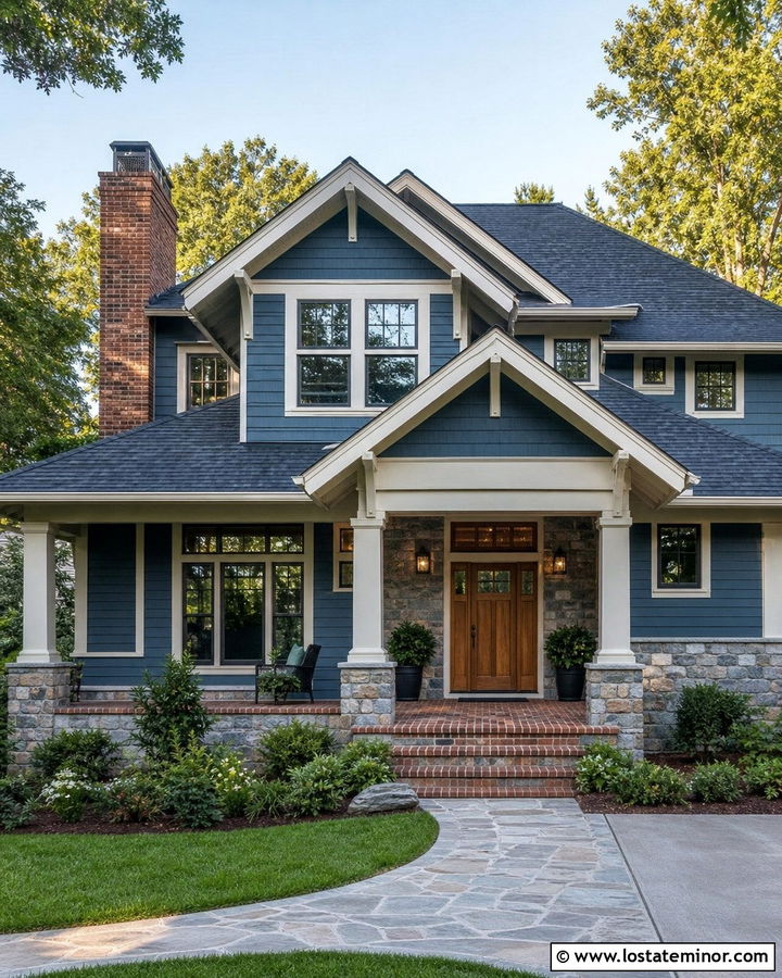 Slate Blue House With Brick and Stone Accents - 30 Slate Blue House Design With Brick Accents Ideas