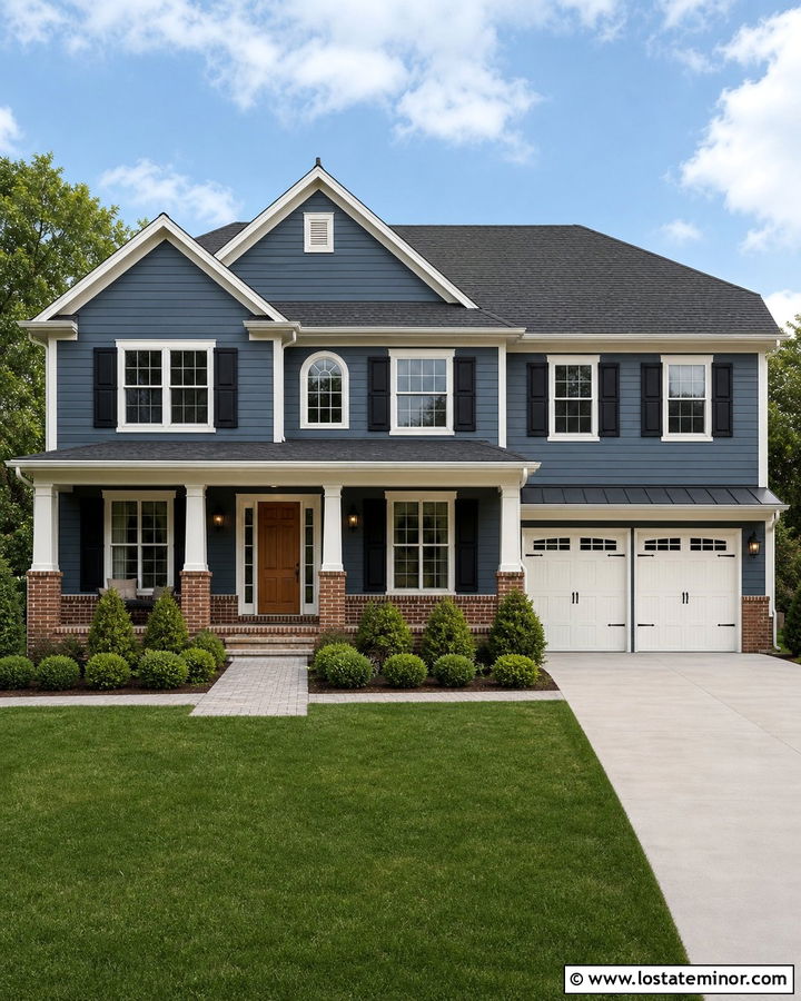 Slate Blue House With Brick and White Trim - 30 Slate Blue House Design With Brick Accents Ideas
