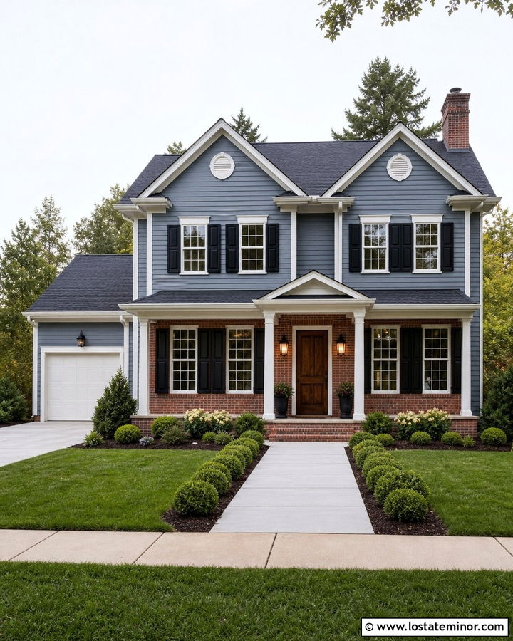 Slate Blue House With Brick and Wood Door - 30 Slate Blue House Design With Brick Accents Ideas