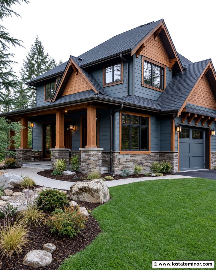 Slate Blue House With Bronze Frames And Cedar Trim - 30 Slate Blue House Design With Window Frames Ideas