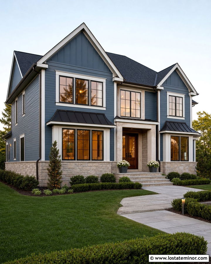 Slate Blue House With Bronze Metal Awnings - 30 Slate Blue House Design With Awning Ideas