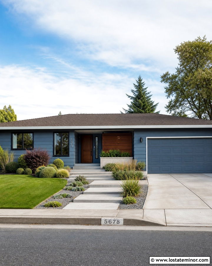 Slate Blue House With Brown Gray Low Pitch Roof - 30 Slate Blue House Design With Roof Ideas