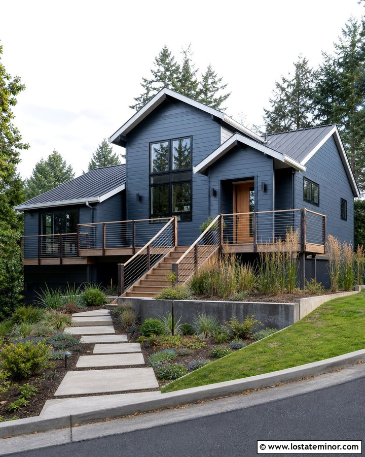 Slate Blue House With Cable Railing Deck - 30 Slate Blue House Design With Deck Ideas