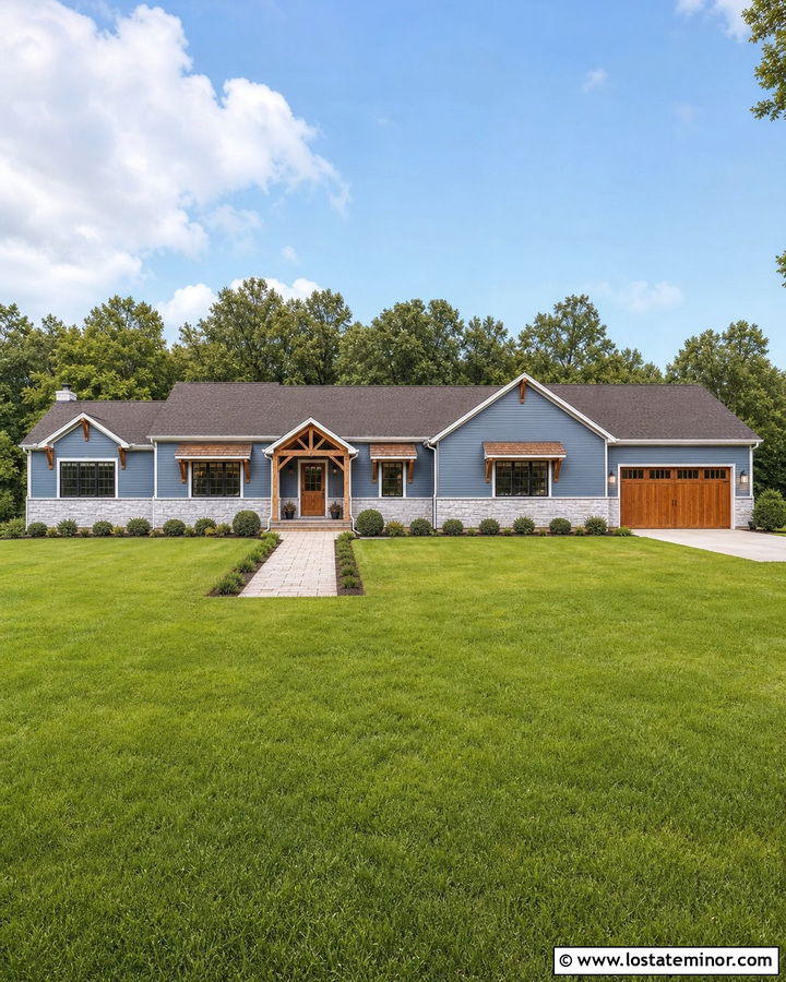 Slate Blue House With Cedar Bracket Awnings - 30 Slate Blue House Design With Awning Ideas