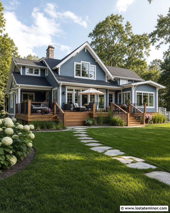 Slate Blue House With Cedar Deck Backyard - 30 Slate Blue House Design With Backyard Ideas